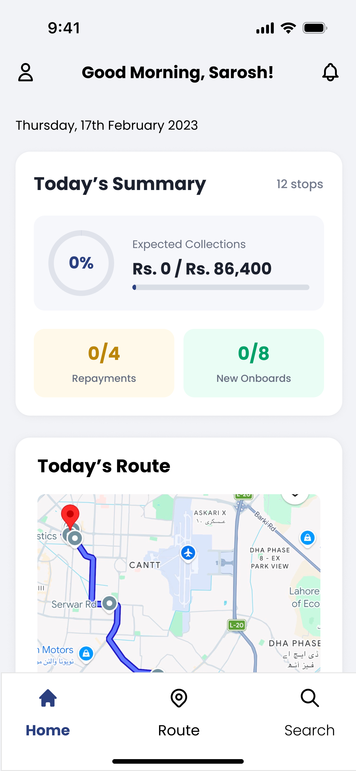 Redesigned Muawin field agent app, daily overview screen.