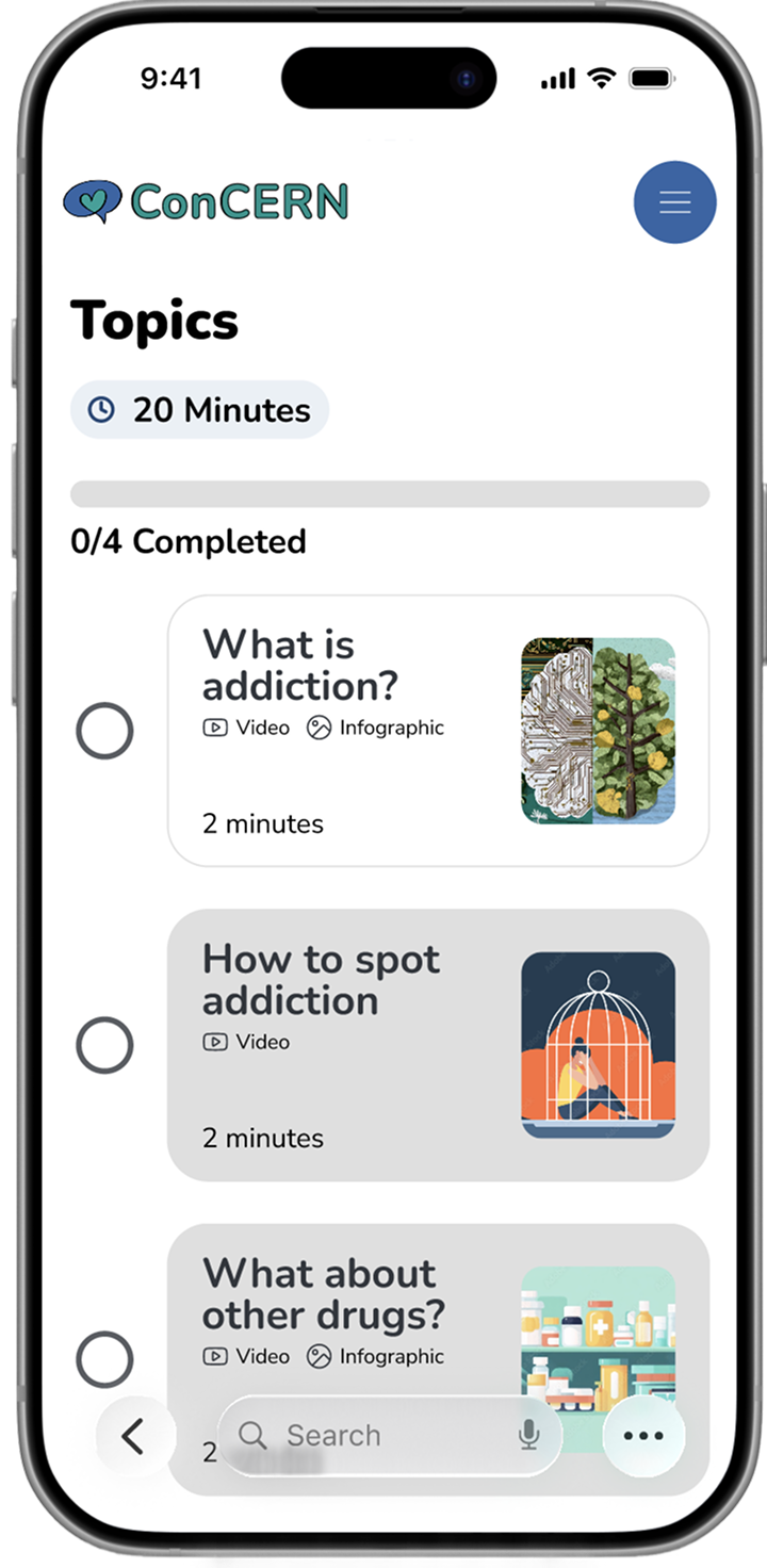 ConCERN caregiver platform, mobile screen.